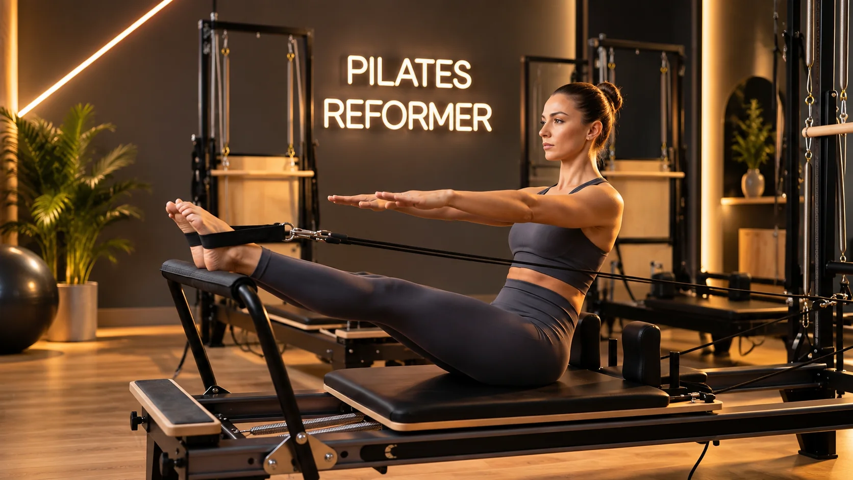 Une cliente pratique le Pilates Reformer dans le studio
